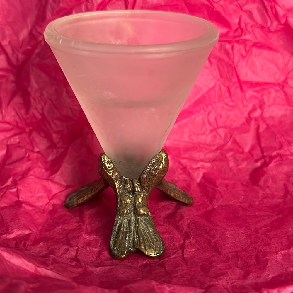 Vintage Floral Brass Stand w/Original Frosted Glass Cone